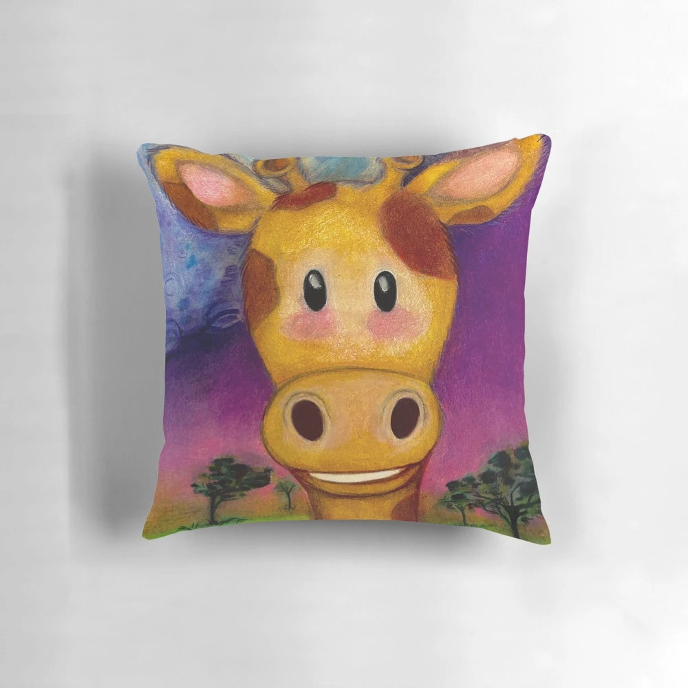 Soft, plush pillow featuring a cute cartoon giraffe in a natural, whimsical setting.