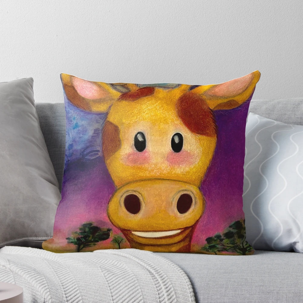 Soft, plush pillow featuring a cute cartoon giraffe in a natural, whimsical setting.