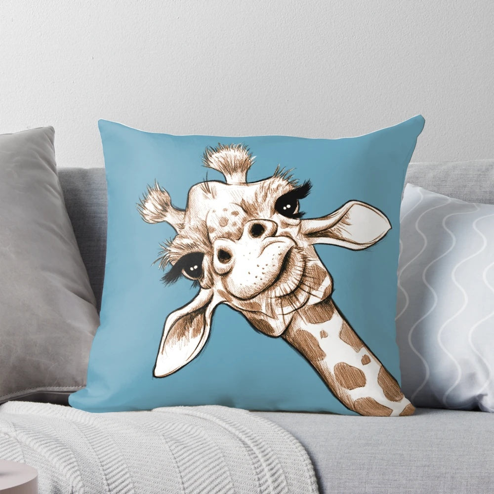 Detailed sketch of a curious giraffe peeking out on a decorative accent pillow