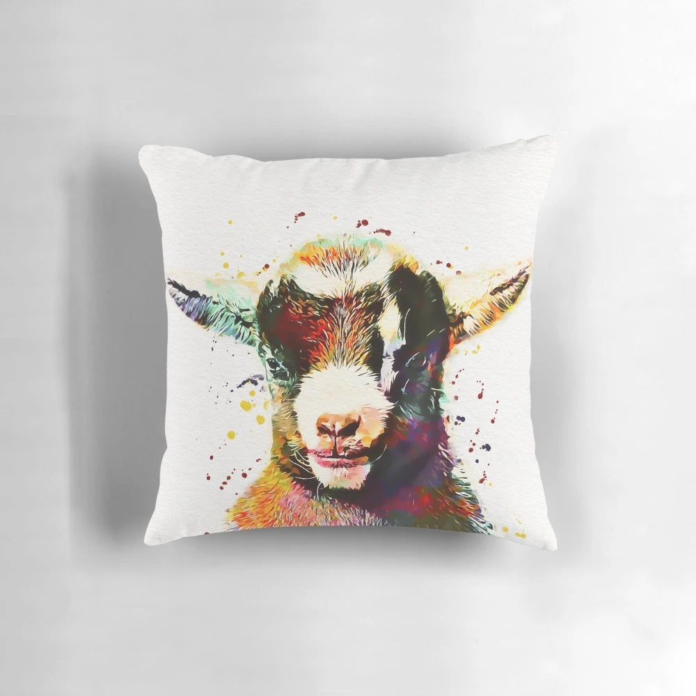 Vibrant watercolor painting of a cute baby goat on a decorative throw pillow
