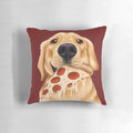 A fluffy golden retriever dog happily eating a slice of pizza