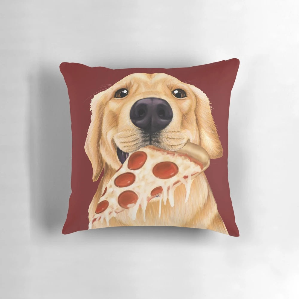 A fluffy golden retriever dog happily eating a slice of pizza