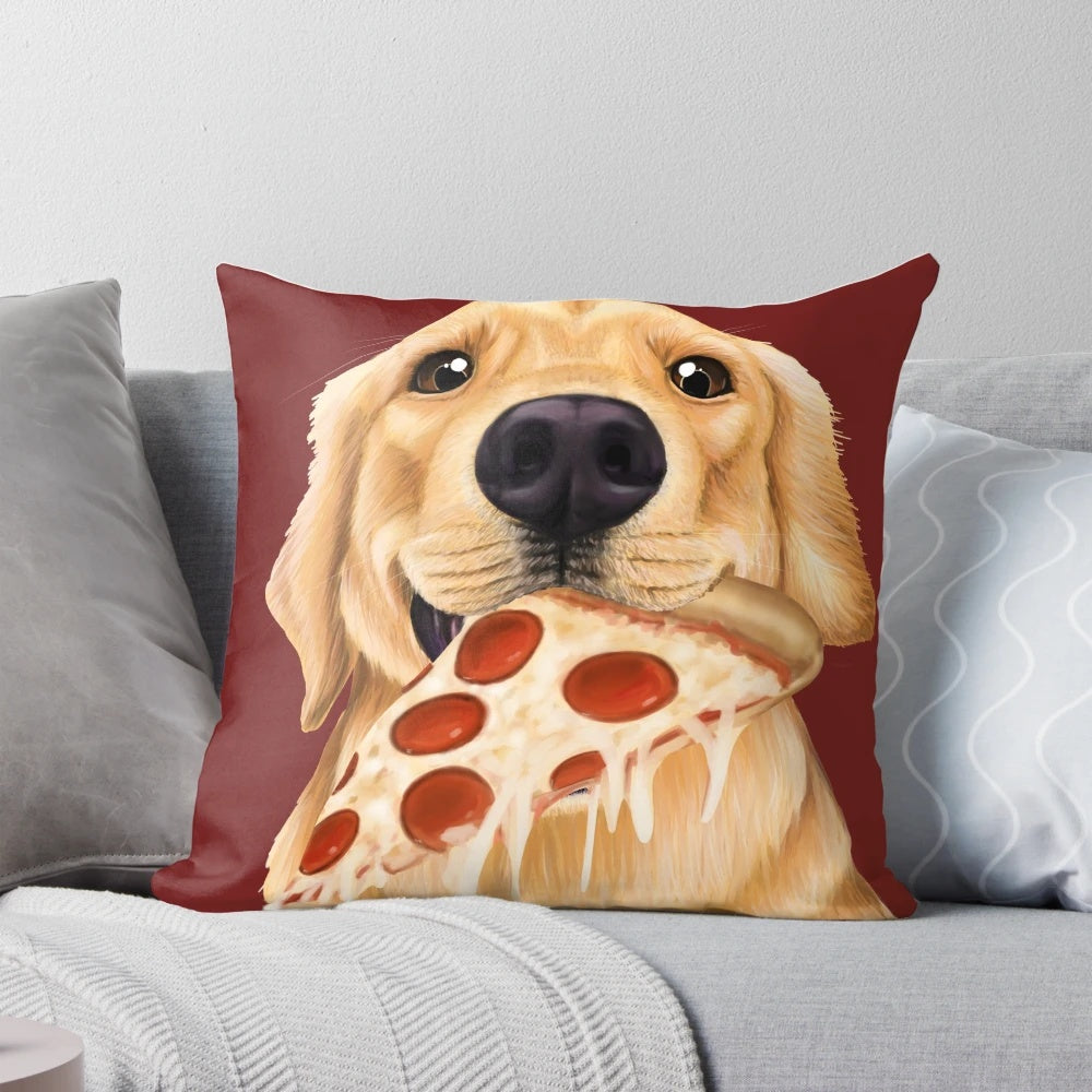 A fluffy golden retriever dog happily eating a slice of pizza