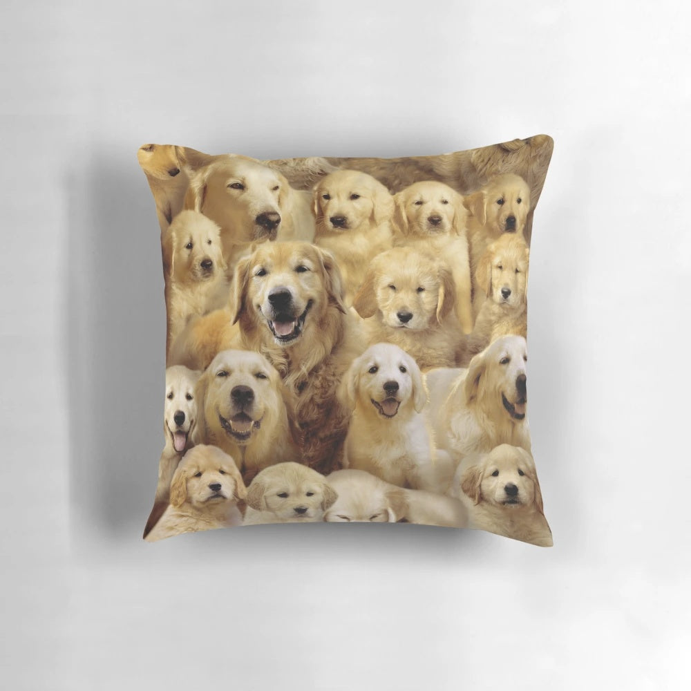 Soft and cuddly golden retriever puppy on a plush pillow