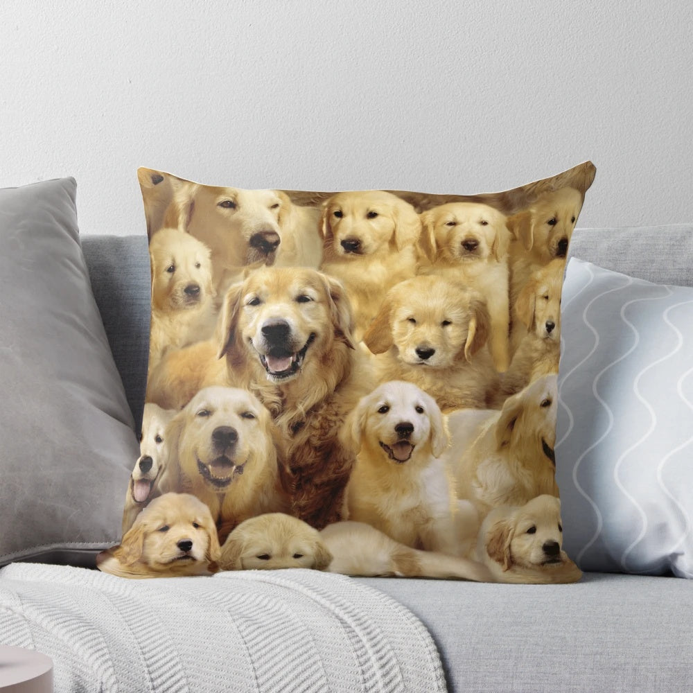 Soft and cuddly golden retriever puppy on a plush pillow
