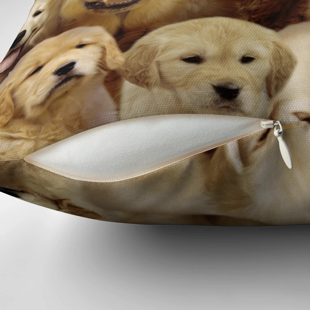 Soft and cuddly golden retriever puppy on a plush pillow