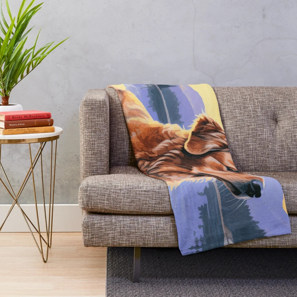 Golden Retriever art plush blanket featuring a watercolor-style illustration of a friendly golden retriever dog