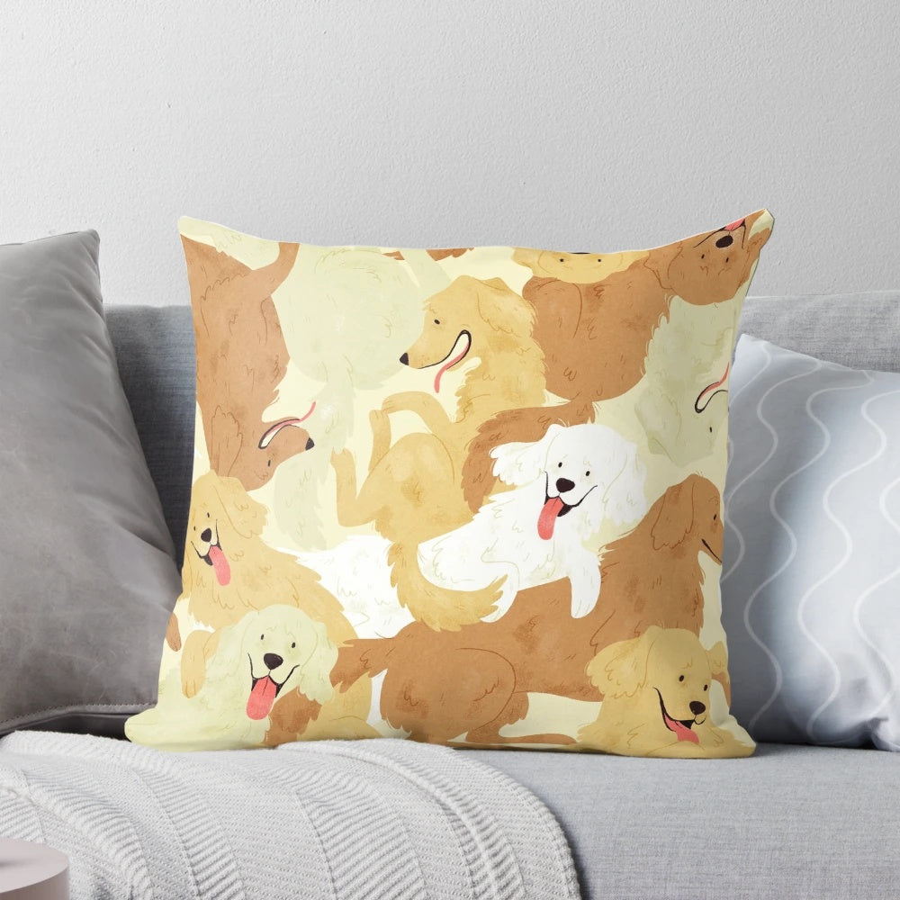 Soft and cuddly golden retriever-themed pillow, perfect for children's rooms and home decoration.