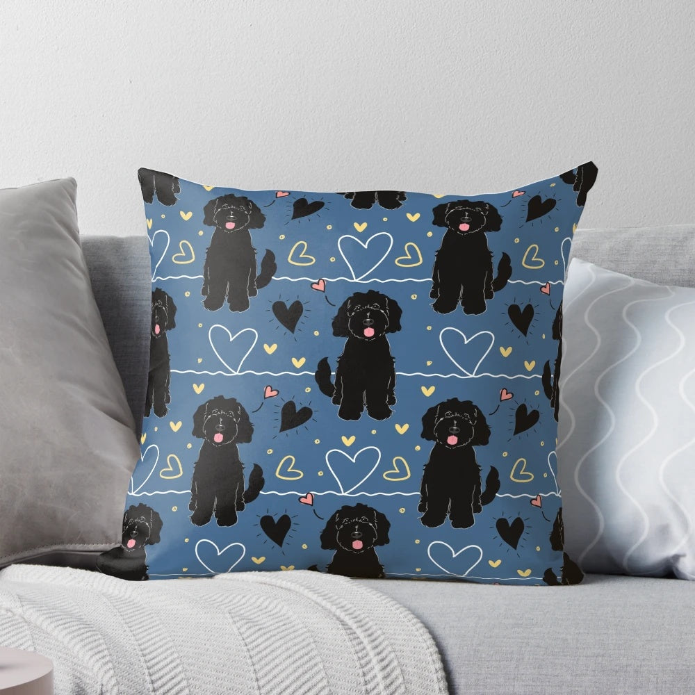 Black and white Goldendoodle dog printed on a soft, plush pillow