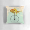 Goldfish riding a unicycle, an endearing and appealing decorative pillow design