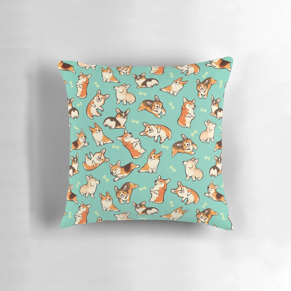Decorative throw pillow featuring a pattern of cute, playful corgis in a green background.