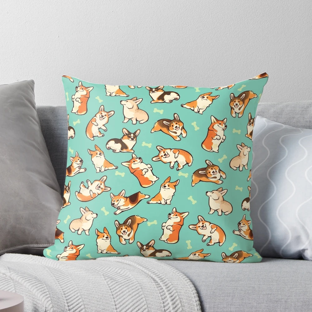 Decorative throw pillow featuring a pattern of cute, playful corgis in a green background.