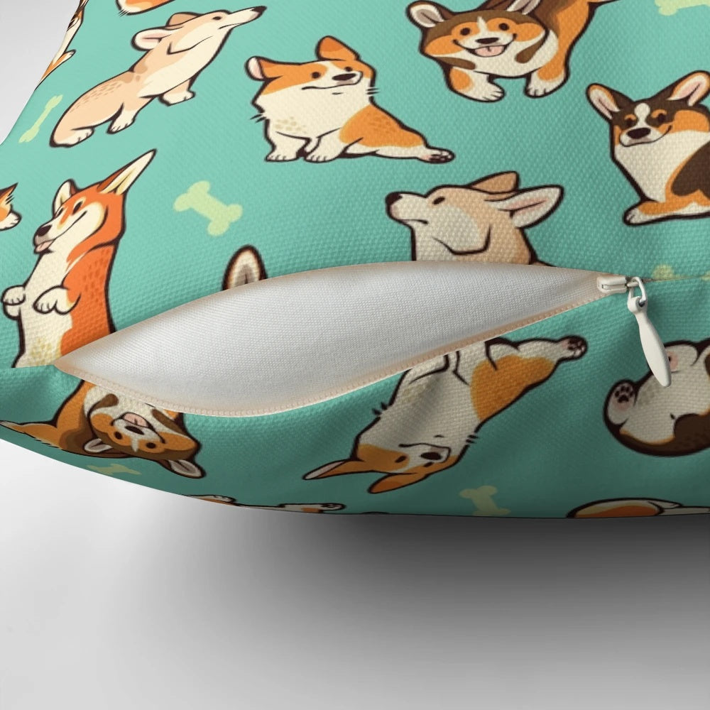 Decorative throw pillow featuring a pattern of cute, playful corgis in a green background.