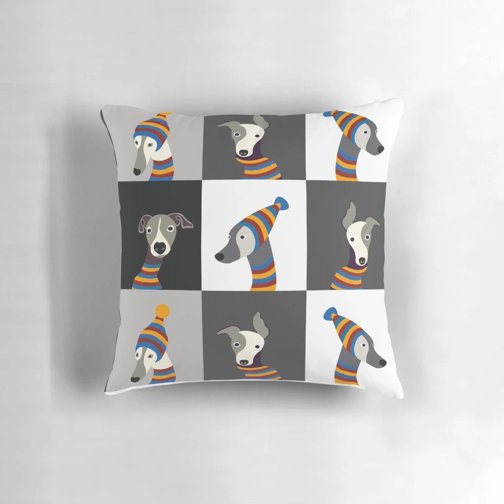 Soft, plush pillow featuring a hand-drawn image of a dressed-up greyhound or whippet dog