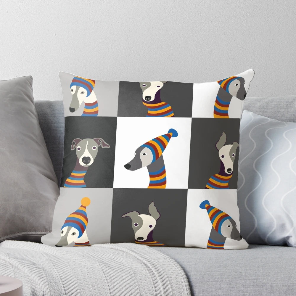 Soft, plush pillow featuring a hand-drawn image of a dressed-up greyhound or whippet dog