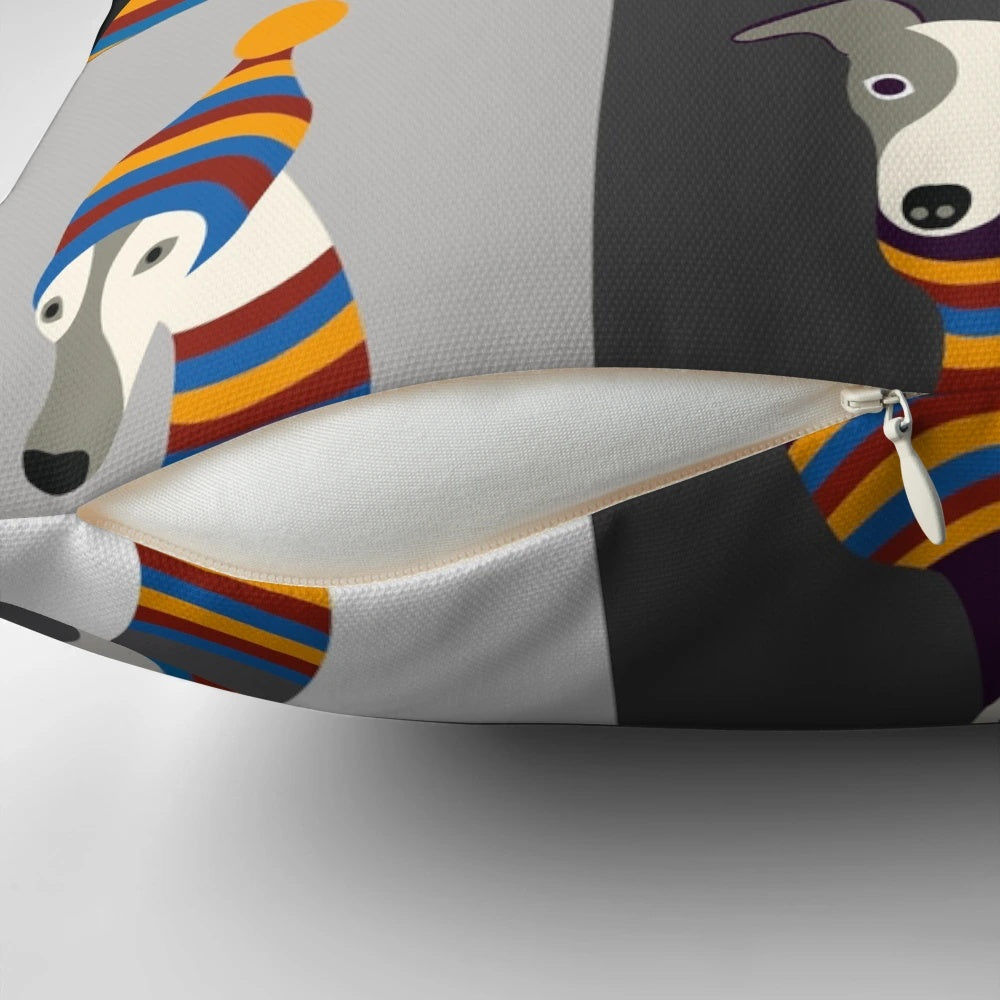 Soft, plush pillow featuring a hand-drawn image of a dressed-up greyhound or whippet dog