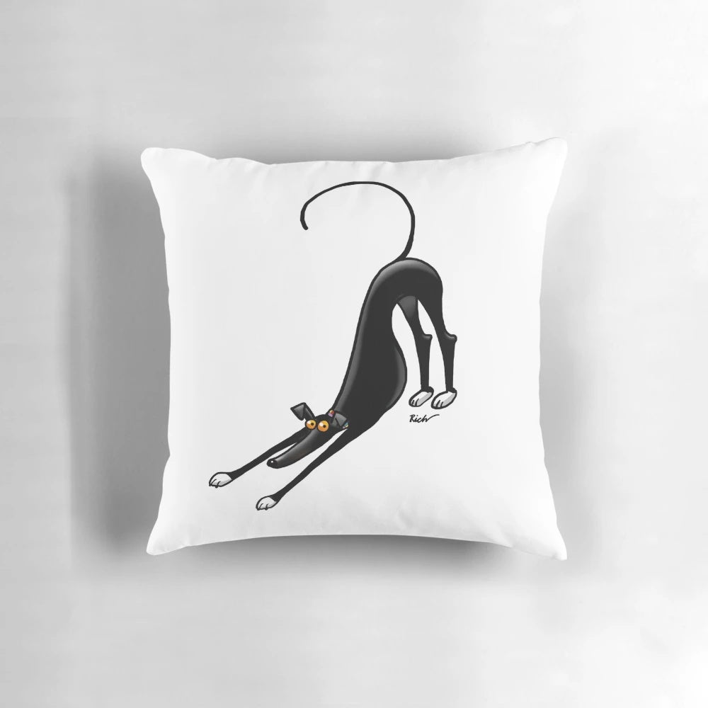 Colorful cartoon-style image of a greyhound or similar hound dog breed on a decorative pillow