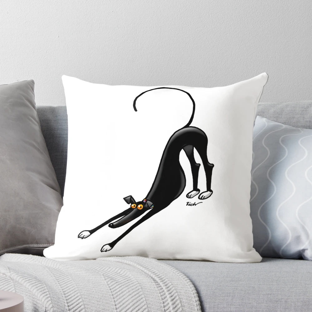 Colorful cartoon-style image of a greyhound or similar hound dog breed on a decorative pillow