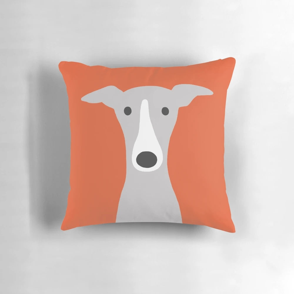 Soft, plush pillow featuring a cute, cartoon-style illustration of a greyhound or whippet dog breed