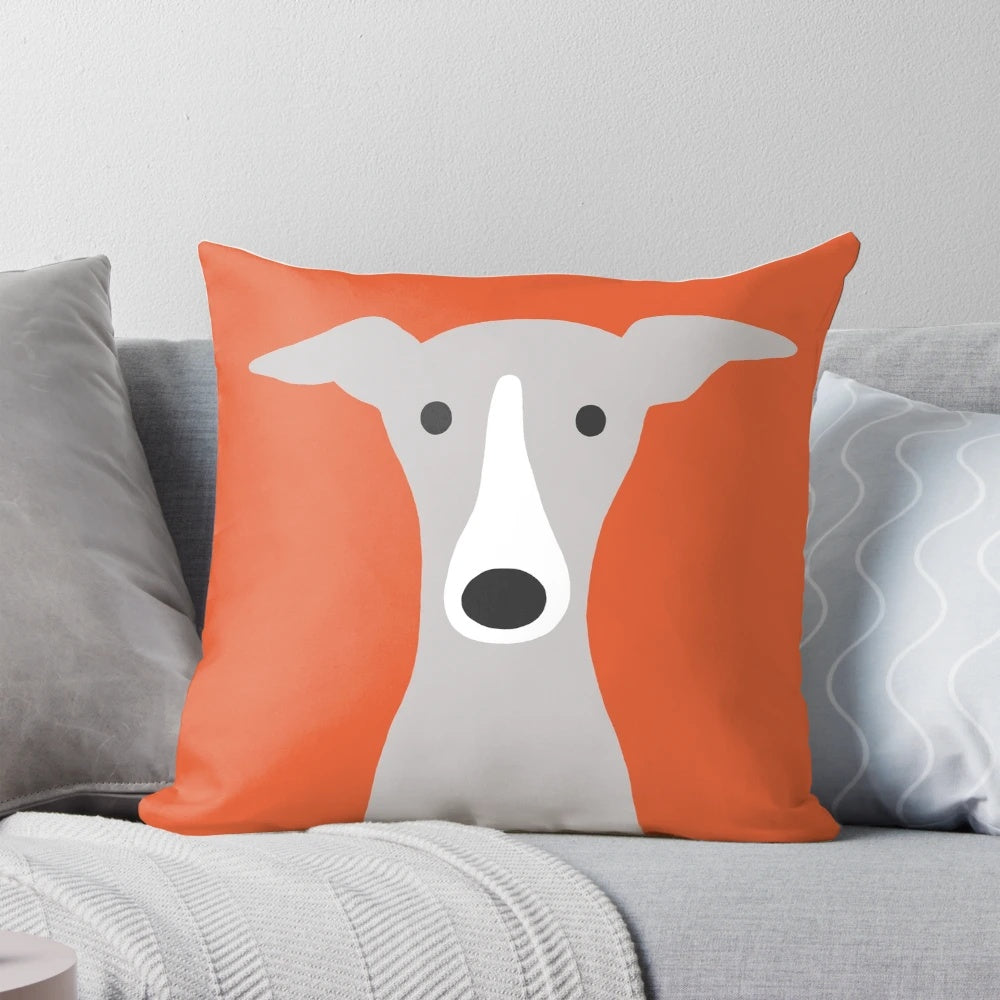 Soft, plush pillow featuring a cute, cartoon-style illustration of a greyhound or whippet dog breed