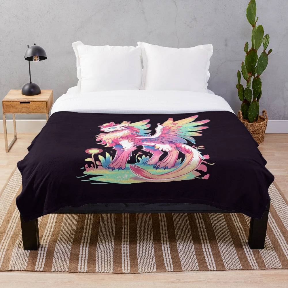 Kawaii griffin plush blanket in white, pink, and yellow