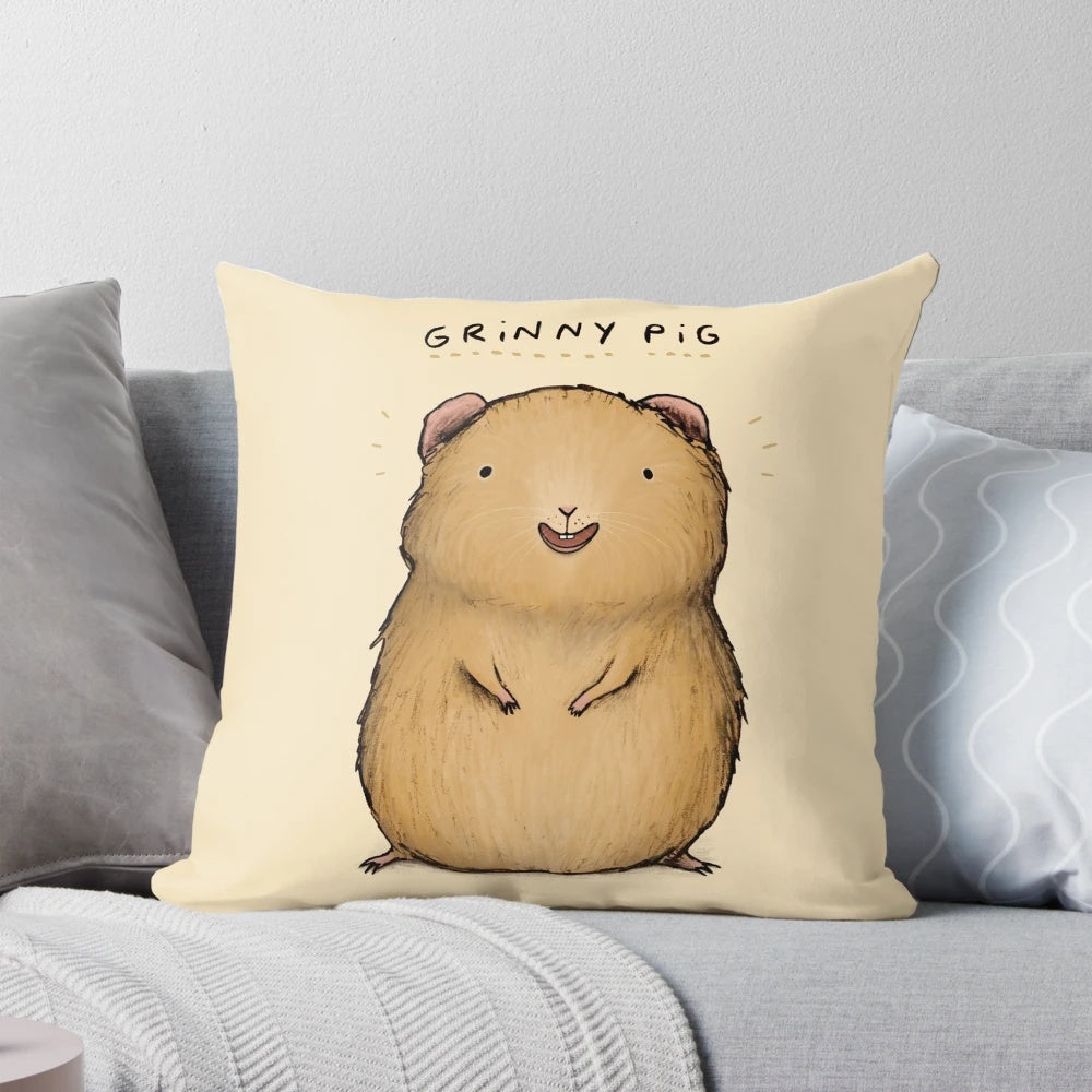 Soft, plush pillow featuring a cute, grinning guinea pig in ginger, gold, and tan colors