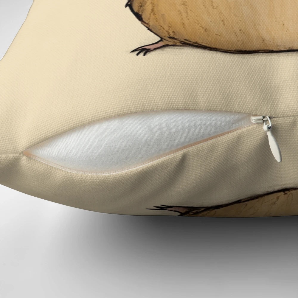 Soft, plush pillow featuring a cute, grinning guinea pig in ginger, gold, and tan colors