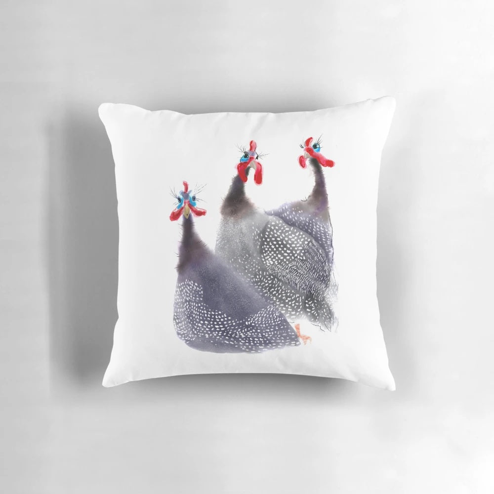 A Pillow featuring a Charming Painting of Three Guinea Fowl Birds