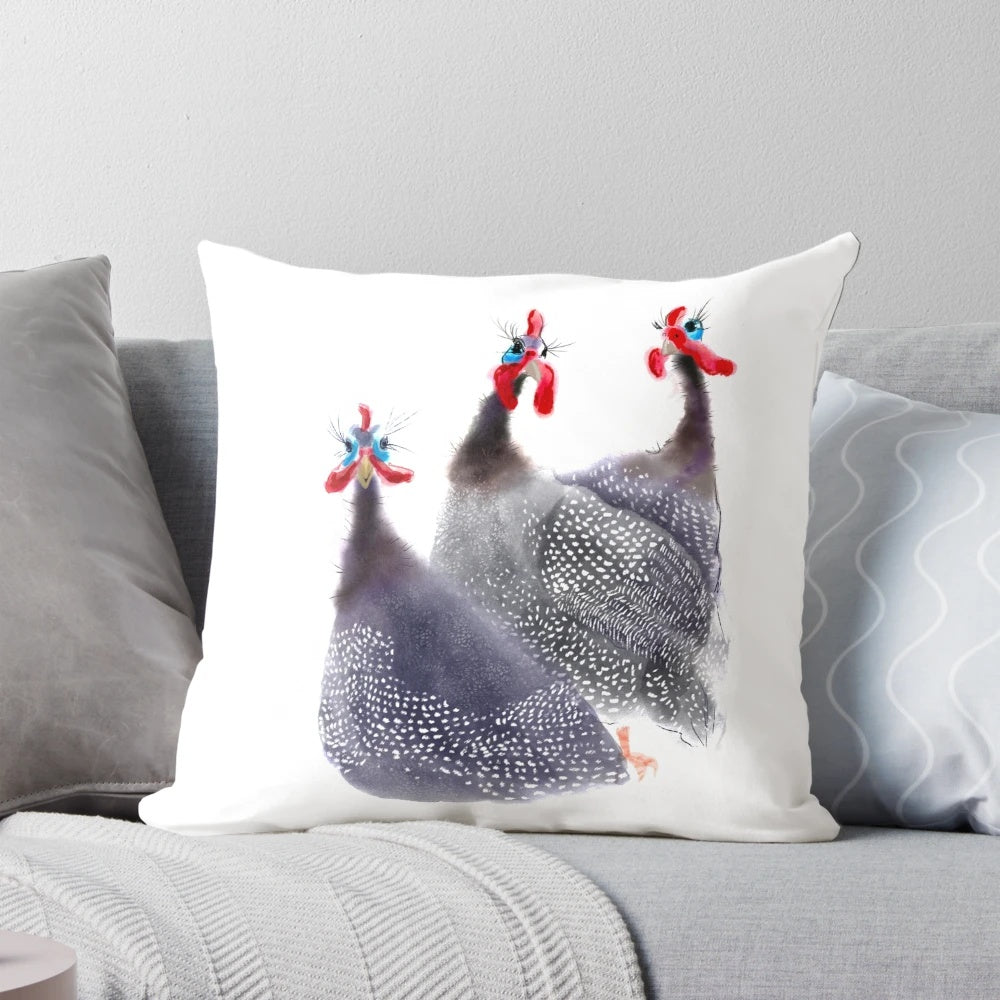 A Pillow featuring a Charming Painting of Three Guinea Fowl Birds