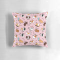 Soft pink pillow with a cute guinea pig and its daily routine printed on it.
