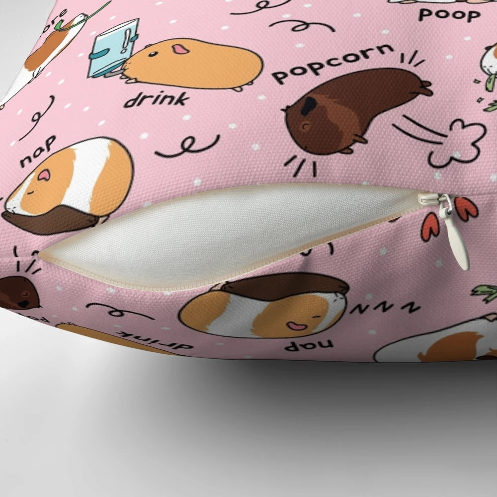 Soft pink pillow with a cute guinea pig and its daily routine printed on it.