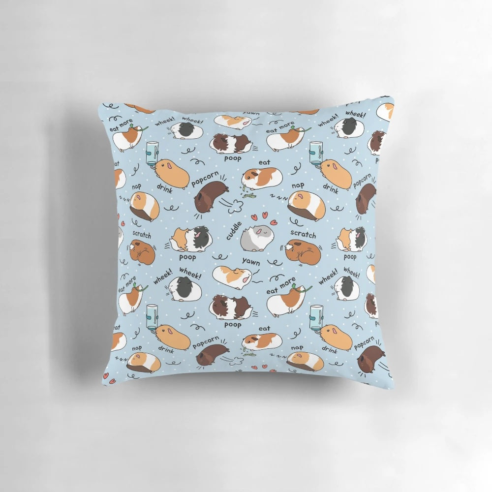 A plush pillow featuring a cute guinea pig and its daily to-do list on a blue background.