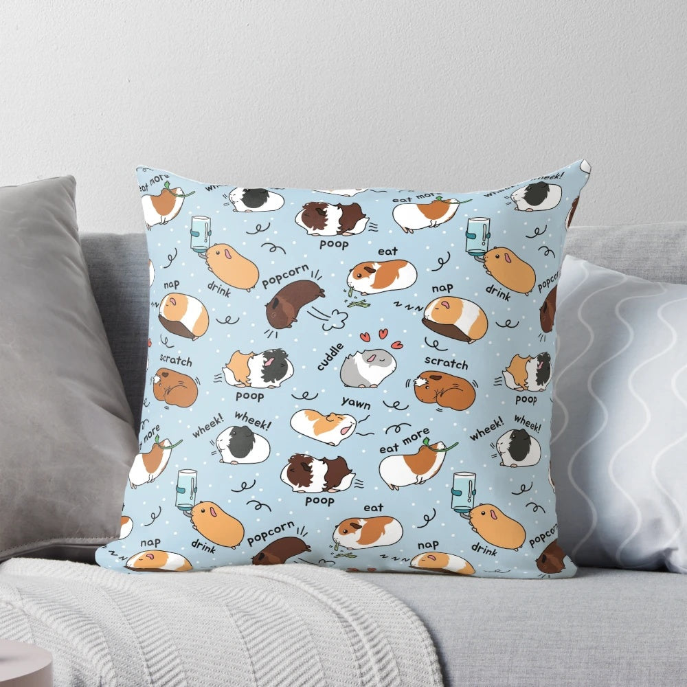 A plush pillow featuring a cute guinea pig and its daily to-do list on a blue background.