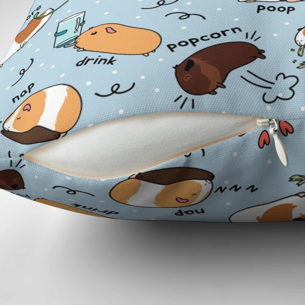 A plush pillow featuring a cute guinea pig and its daily to-do list on a blue background.