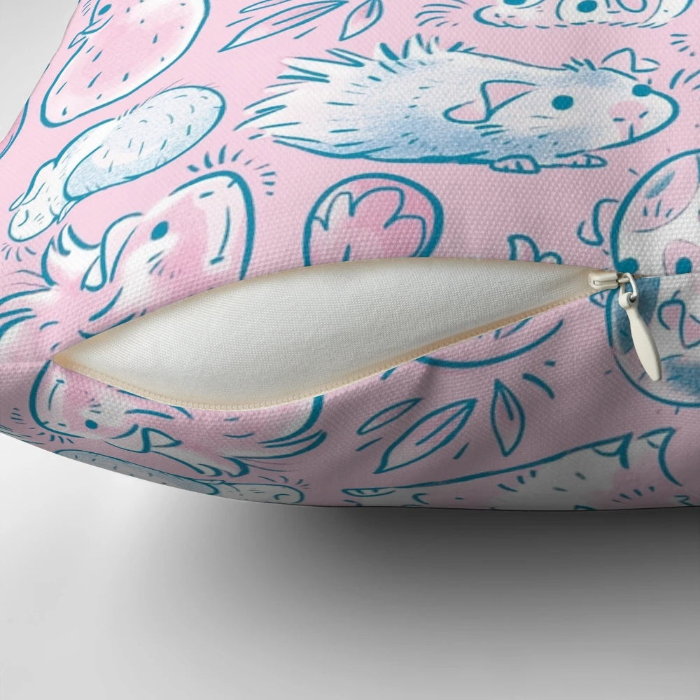 Cozy guinea pigs snuggling together in a soft, pink pillow with a floral pattern
