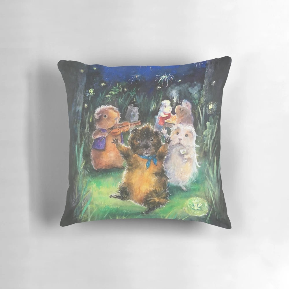 A whimsical watercolor illustration of a guinea pig on a soft, plush pillow.