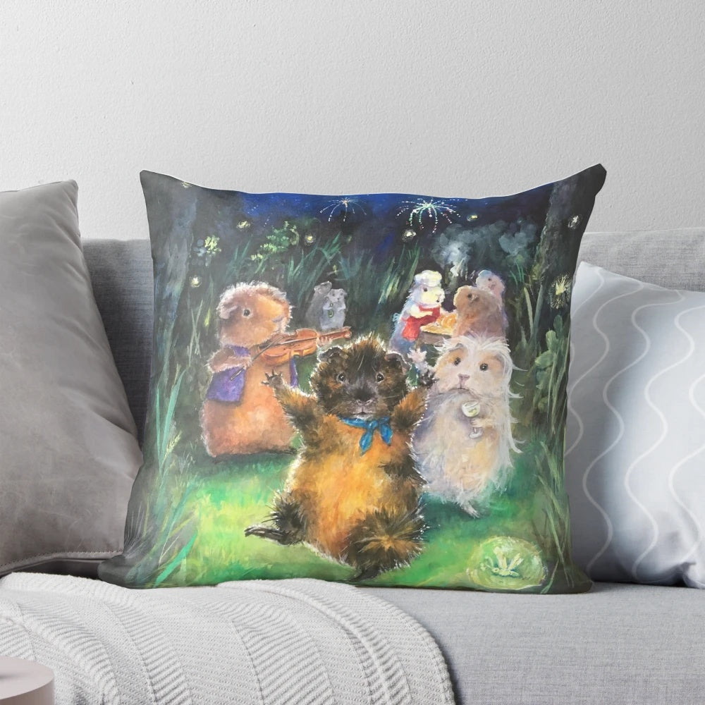 A whimsical watercolor illustration of a guinea pig on a soft, plush pillow.