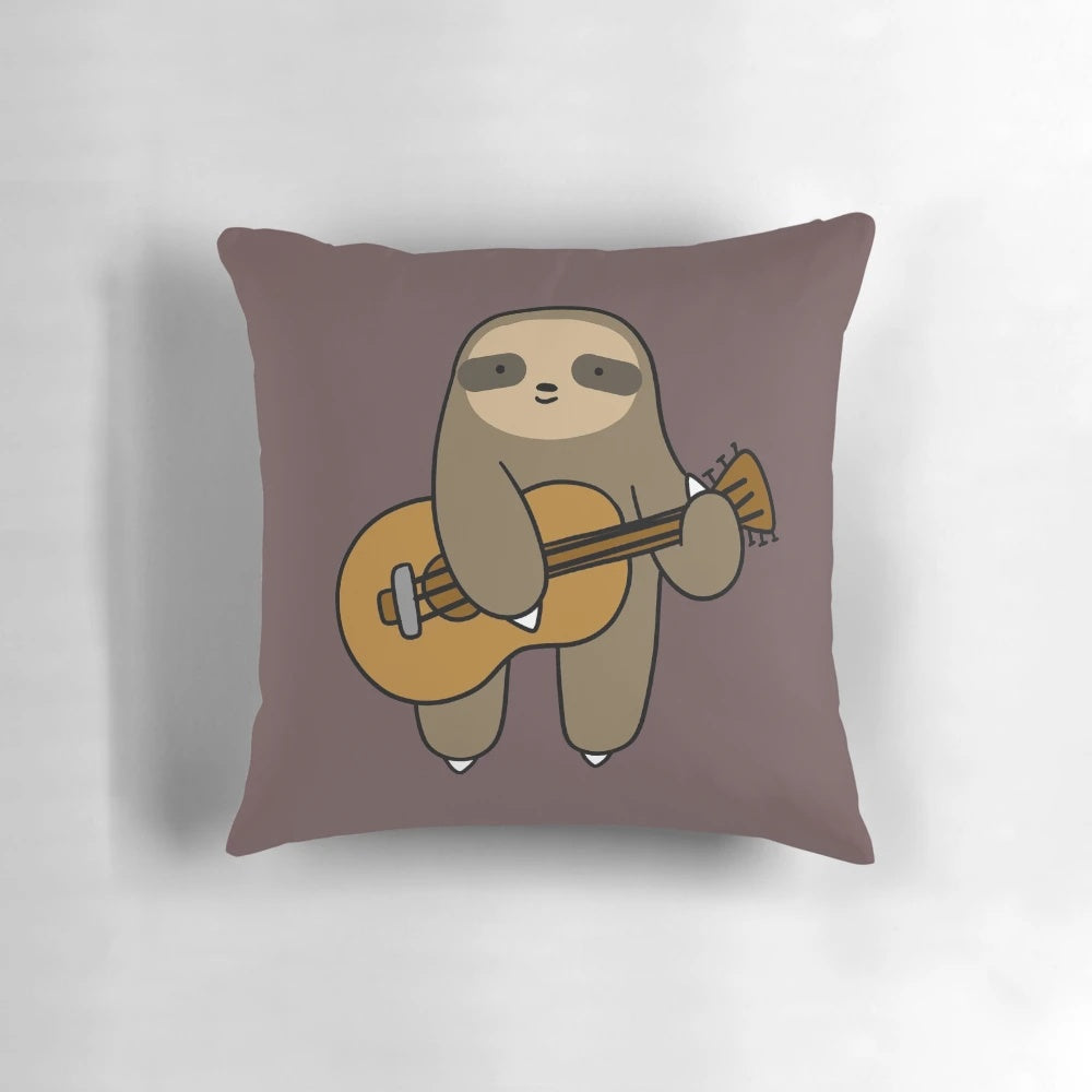 Soft, plush pillow featuring a cute sloth playing a guitar