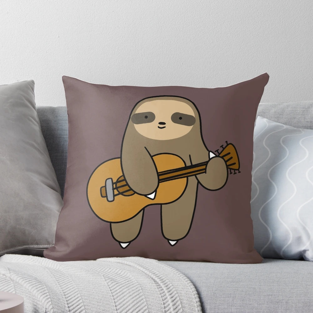 Soft, plush pillow featuring a cute sloth playing a guitar