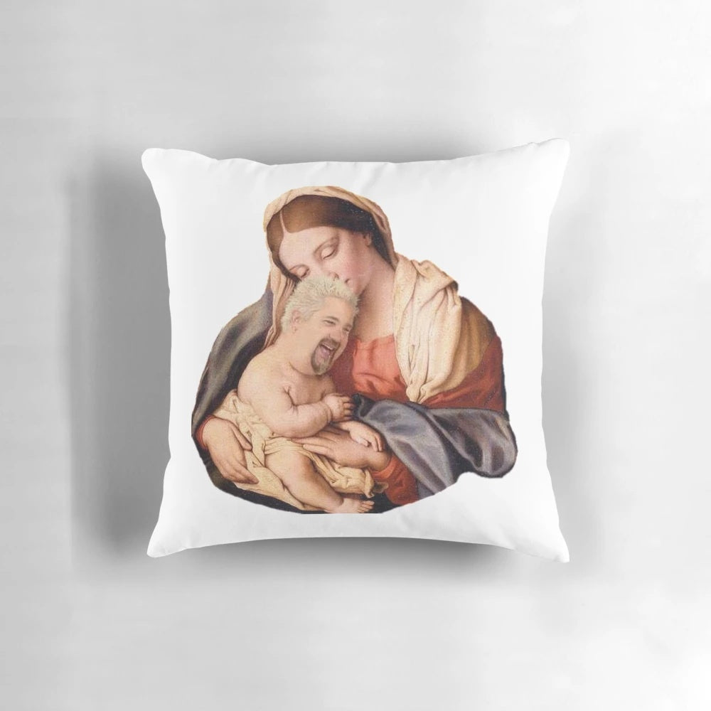 An adorable, high-quality pillow featuring the likeness of TV personality Guy Fieri, known for his show on the Food Network.