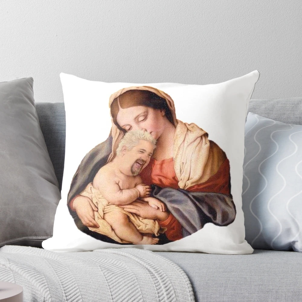 An adorable, high-quality pillow featuring the likeness of TV personality Guy Fieri, known for his show on the Food Network.