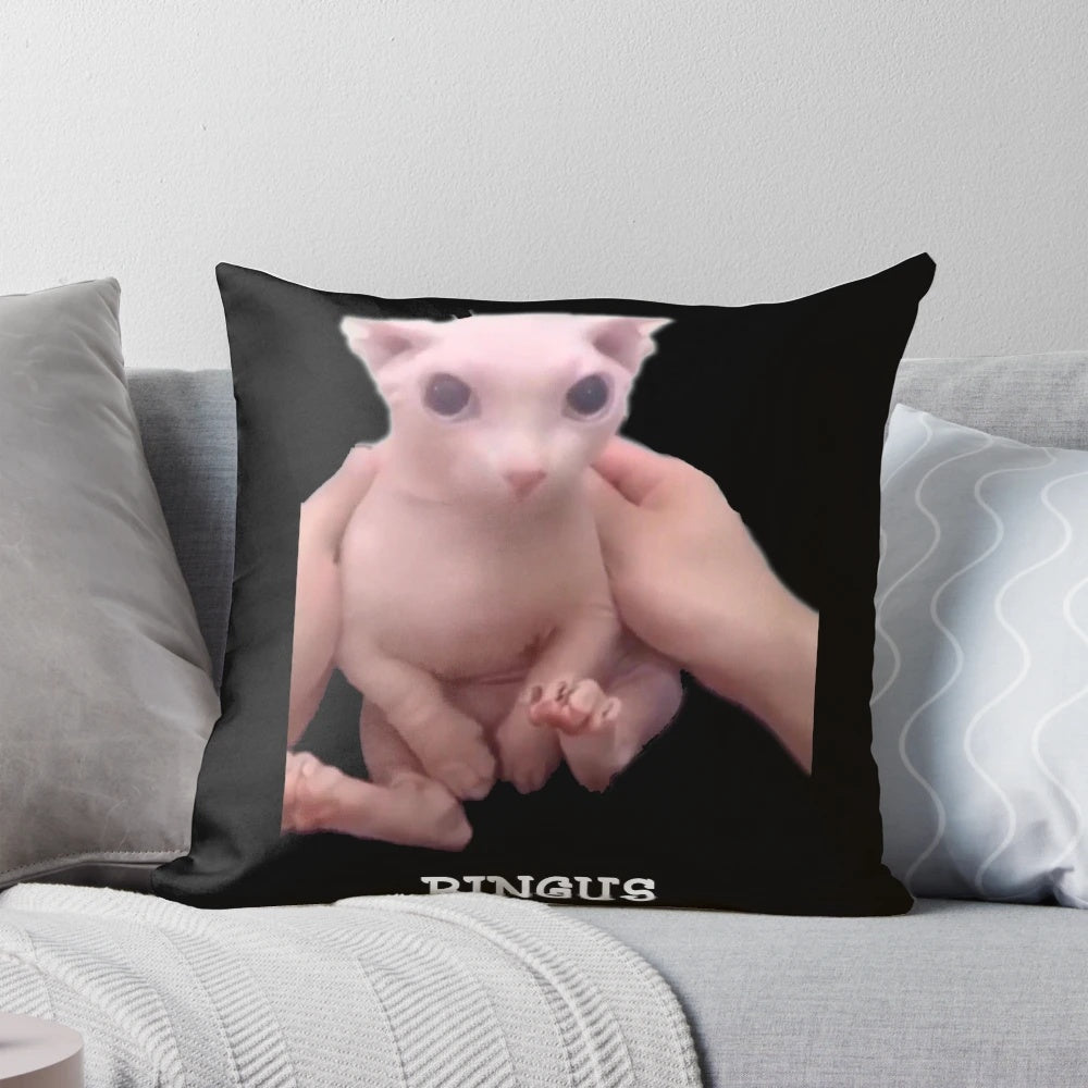 Soft and cuddly pillow featuring a smiling, hairless cat design