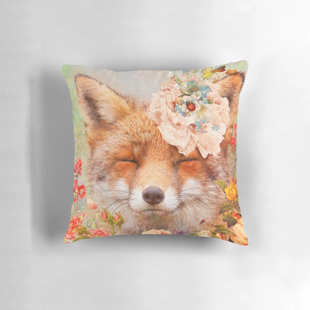Soft, cuddly Happy Fox Pillow with floral and ladybug accents