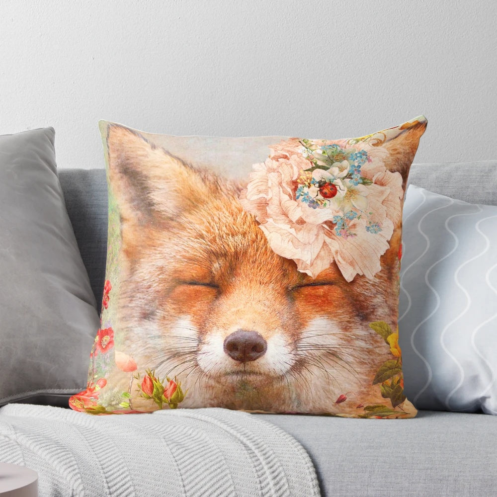 Soft, cuddly Happy Fox Pillow with floral and ladybug accents