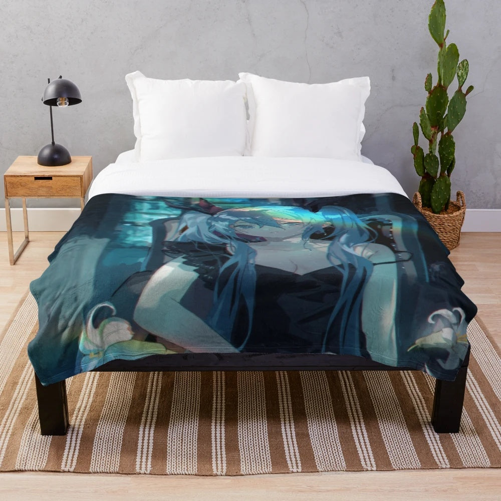Hatsune Miku inspired plush blanket with vibrant colors and cute design