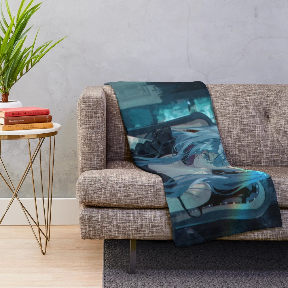 Hatsune Miku inspired plush blanket with vibrant colors and cute design