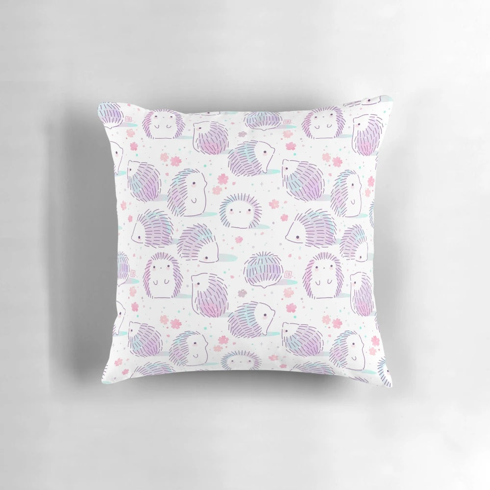 Soft, pastel-colored hedgehog pattern pillow in a spring-themed design