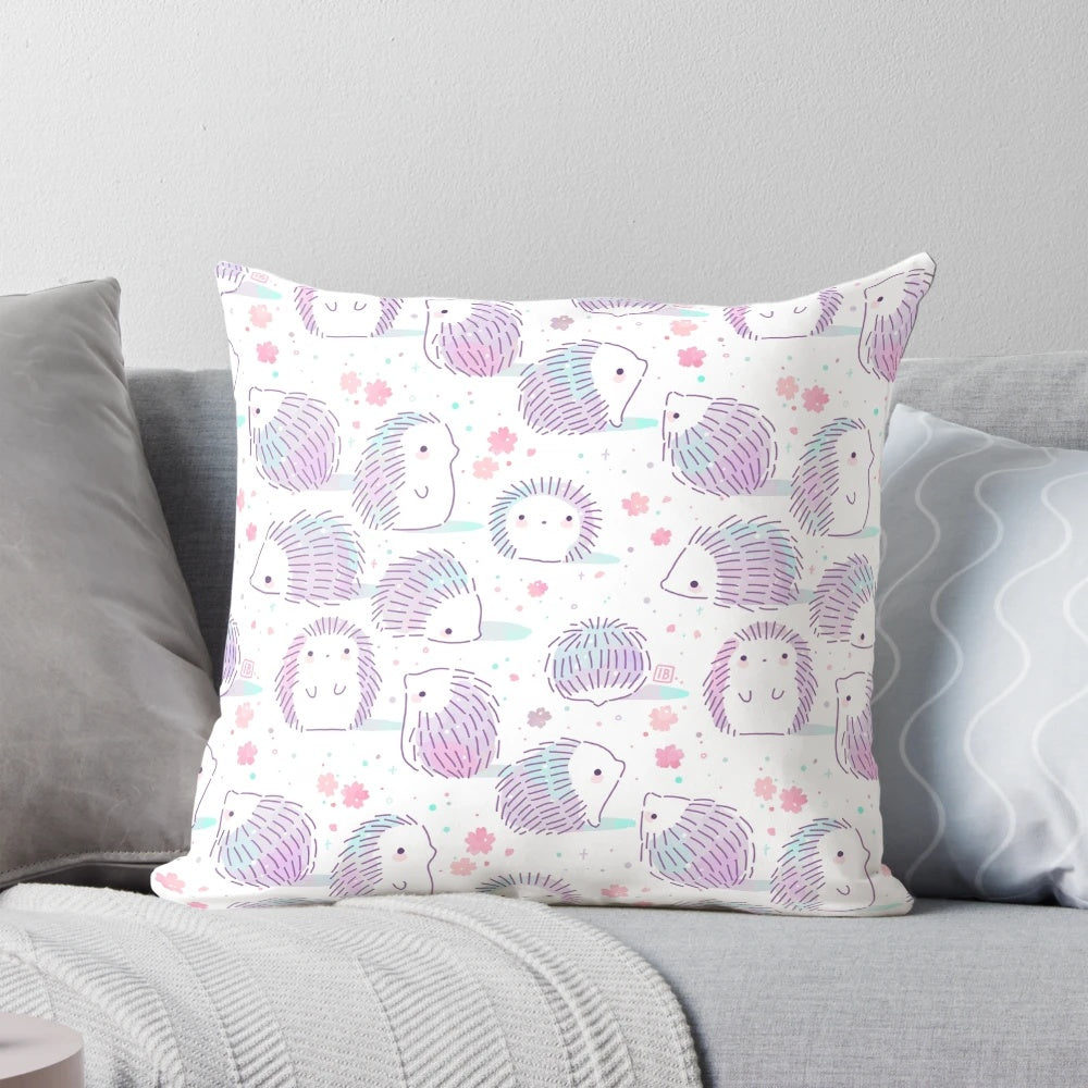 Soft, pastel-colored hedgehog pattern pillow in a spring-themed design