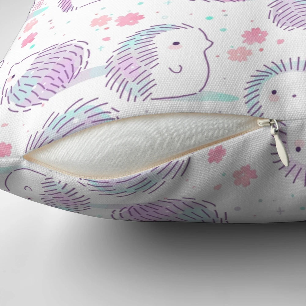 Soft, pastel-colored hedgehog pattern pillow in a spring-themed design
