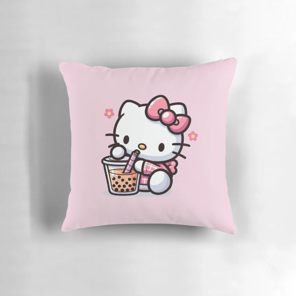 Soft, cuddly Hello Kitty plush pillow in a kawaii design with boba tea and flower accents